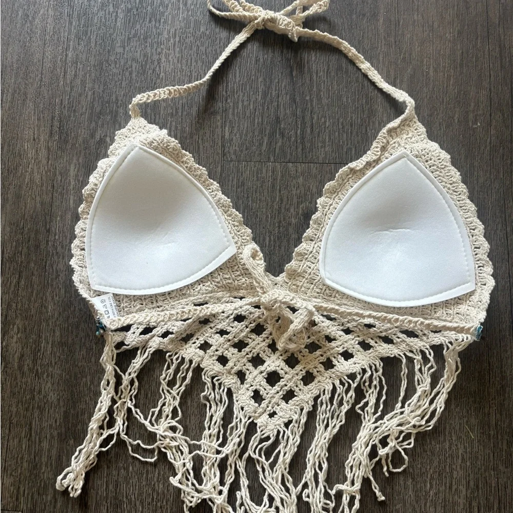 Crochet Fringe Halter Top - Cream - Picture 2 of 4